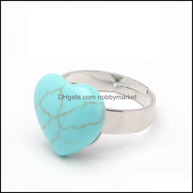 Natural Stone Love Heart Ring Adjustable Rose Quartz Amethyst Crystal Finger Rings for Women Party