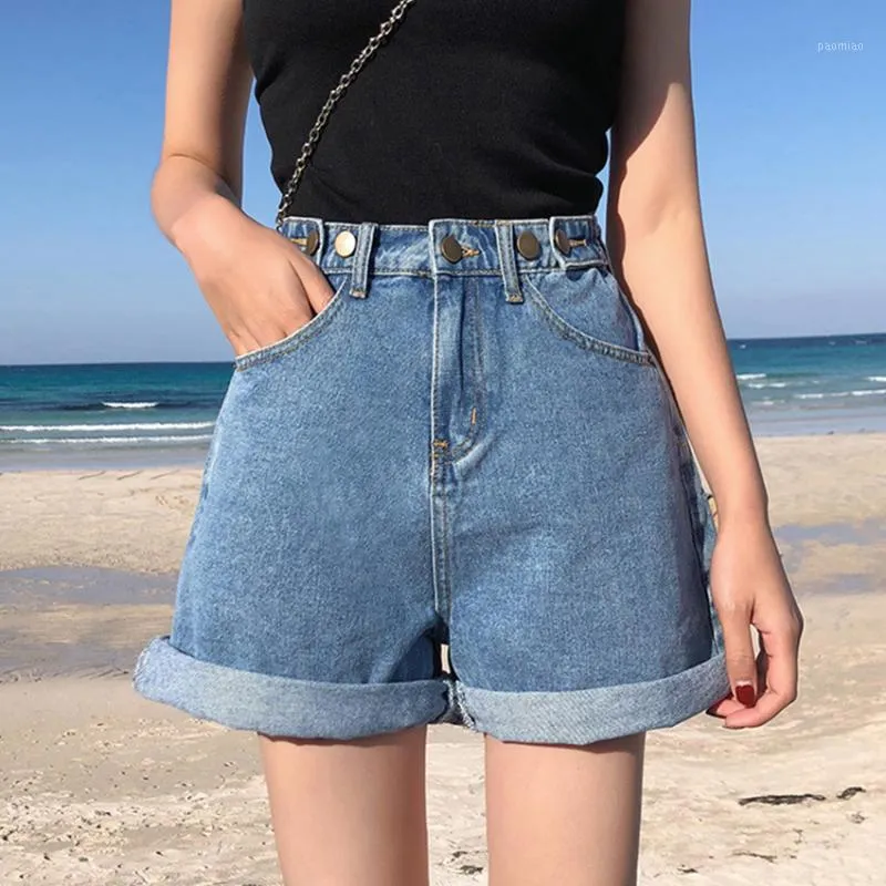 Женские джинсовые шорты, классические винтажные синие широкие брюки с высокой талией, повседневные летние женские джинсы для женщин