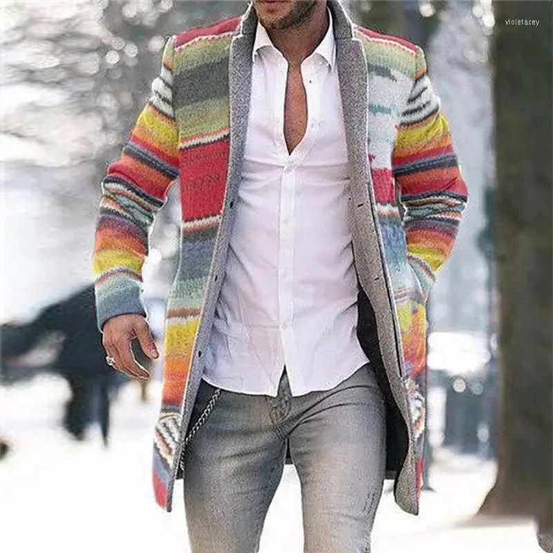 남자 양모 블렌드 인쇄 옷깃 버튼 아래로 긴 소매 중간 가디건 바람발기 캐주얼 느슨한 겨울과 가을 코트 Viol22