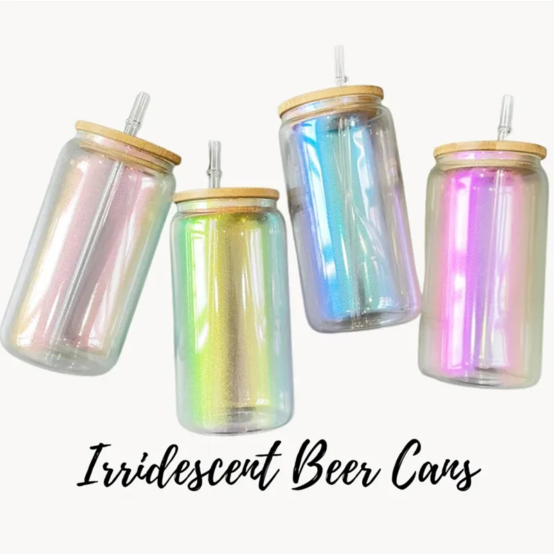16oz Sublimation Tumbler Iridescent Glitter Glass Holographic Jar Can Iced Coffee Mug With Bamboo Lid Blank Frosted Cup For Bridesmaid Gift