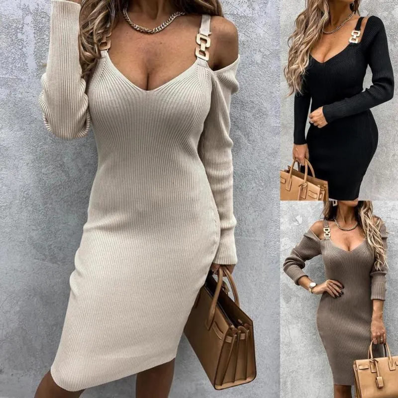 Casual Dresses Women Deep V Neck Long Sleeve Off Axel Metal Straps Ribbed Dress Xxxlcasual