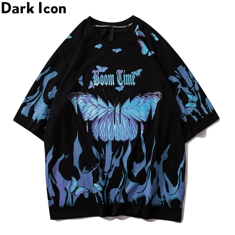 Ícone escuro Flame Butterfly Street Fashion Tirch Men Summer Crew Neck Men S Tshirt Hip Hop Camisetas 210319