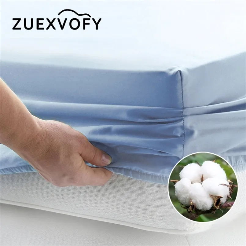 Pure Cotton Luxury Solid Fitted Sheet Bedlae Bed With Elastic Band Linens Bedding S Madrass Cover 160x200 White 220514