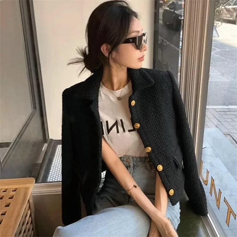 Runway Fall Winter Vintage Cropped Jacket Womens Korean Fashion Black Casual Tweed Jackets Elegant Chic Brand Outwear Coat 220817