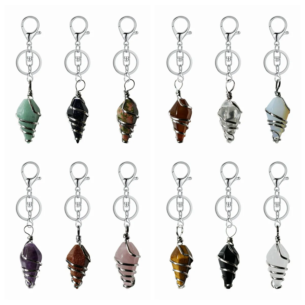 Genezende kristallen kegel hanger sleutelring voor zakken draad gewikkeld edelsteen puntige sleutelhanger echte natuurlijke Reiki kwarts stenen sieraden voor vrouwelijke meisjes