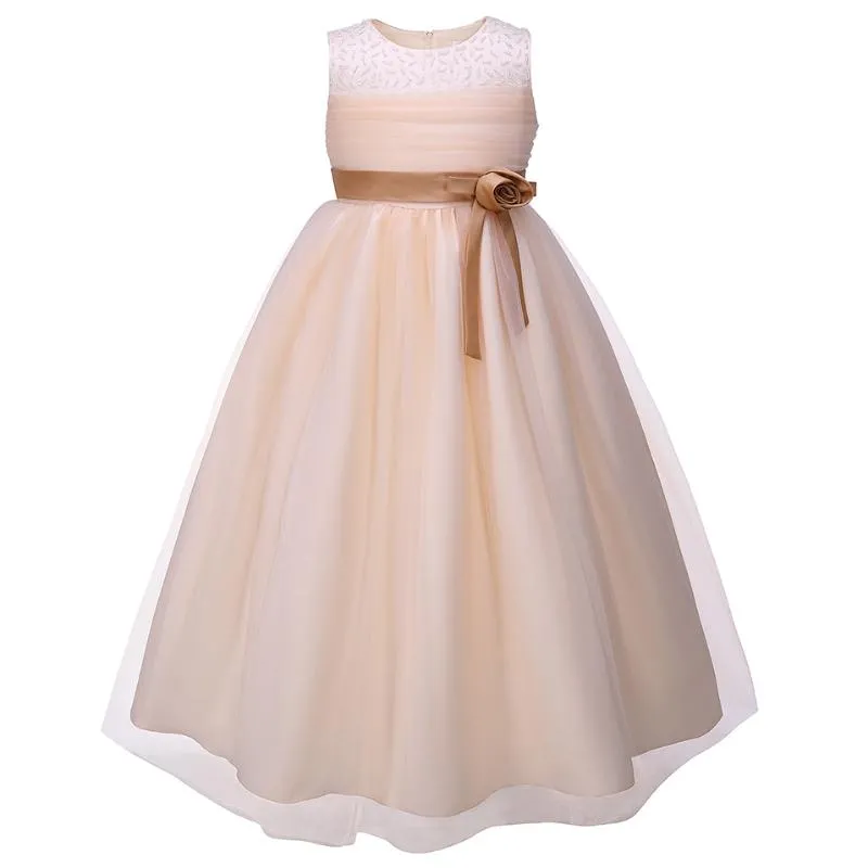 Girl's Dresses Ball Gown Birthday Party Wedding Children Outfit For Girl Beige Tull Dress Golden Rose Belt Size 7 8 9 10 11 13 Years OldGirl