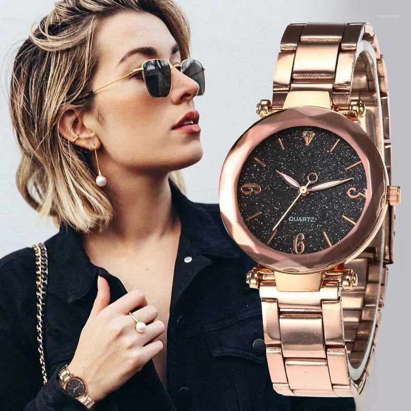 Armbanduhr Roségold Luxus Ladies Uhr Starry Sky Diamond Geometrische Oberfläche einfache Designerinnen Frauen sehen weibliche Kleid 2022Wristwatches