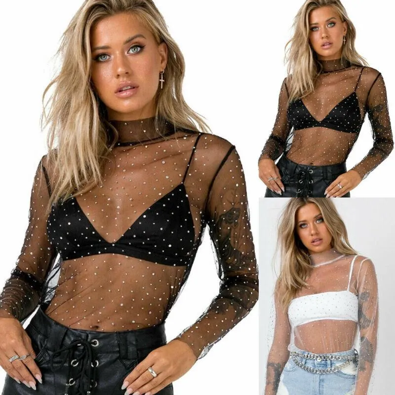 Kvinnors Blusar SHIRTS 2022 Kvinnor Rhinestone Mesh Sheer Top Långärmad Shirt Blus Womens Topps