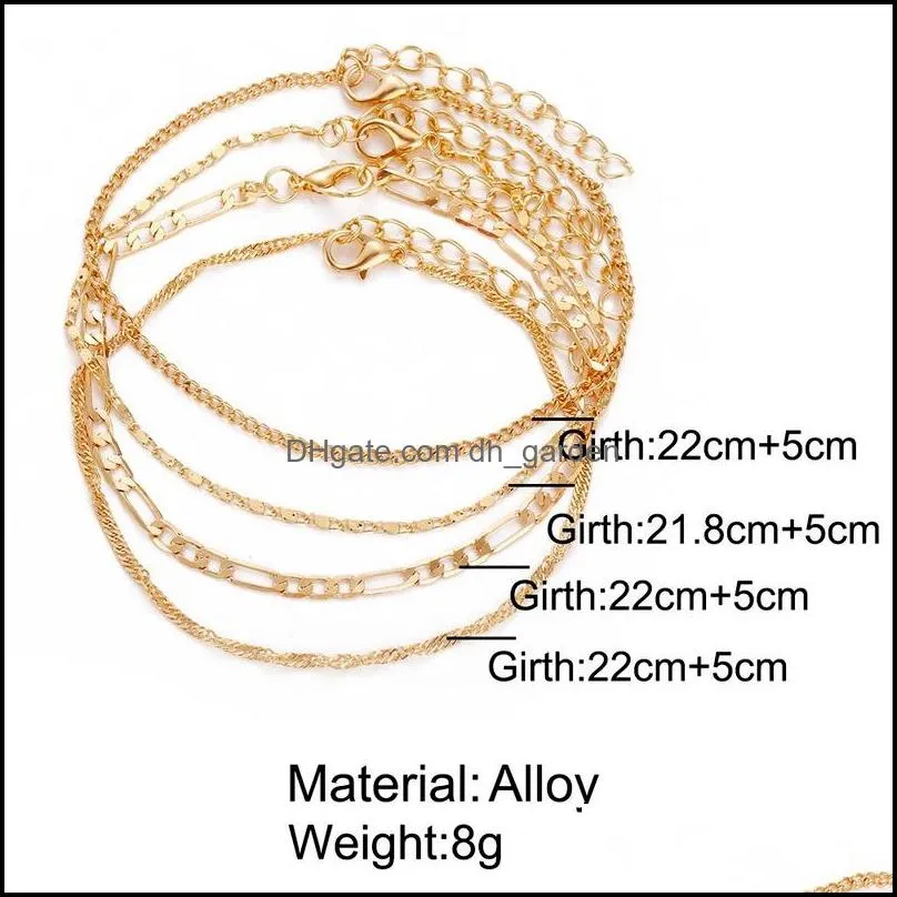 Fashion Simple Design 4 Pcs Set Gold Plated Mixed Diverse Chains Foot Jewelry Anklets Set for Women