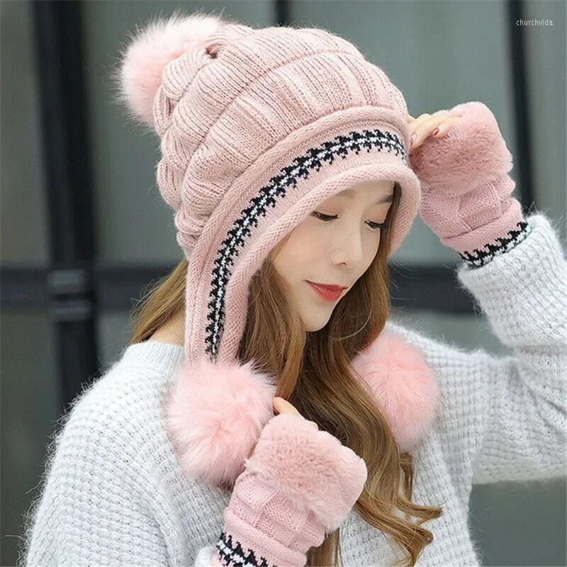 Beanie/Kafatası Kapakları Bayanlar Kış Double Pom Kürklü Kürk Şapka Kadınlar Sıcak Örme Bobble Kayak Capbeanie/Kafatası Chur22