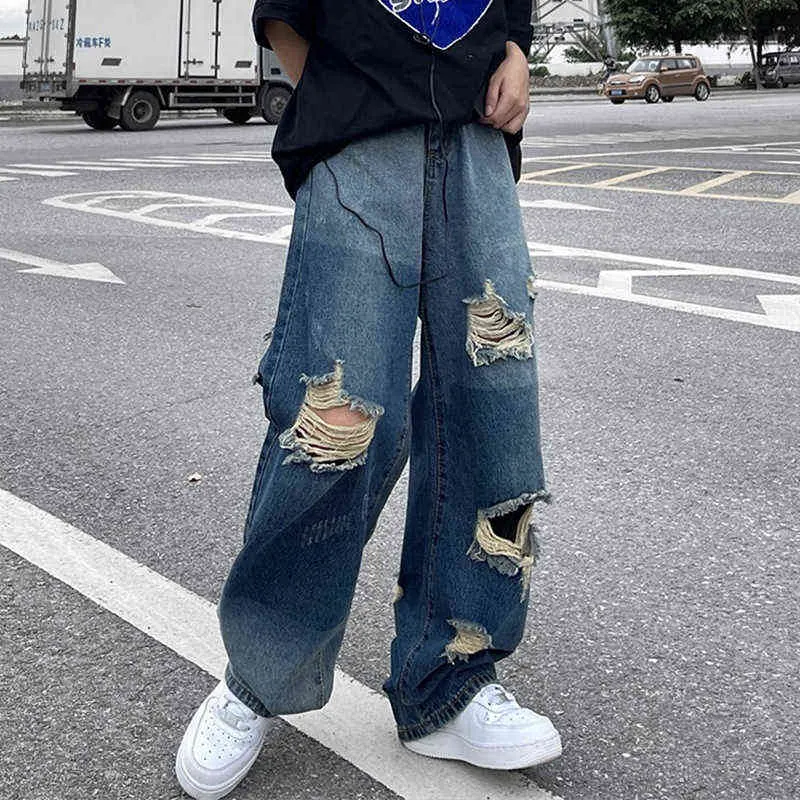 Versione coreana di ins hip-hop high street hipsters angosciati vecchi jeans dritti strappati uomini casual pantaloni larghi larghi a gamba larga G0104