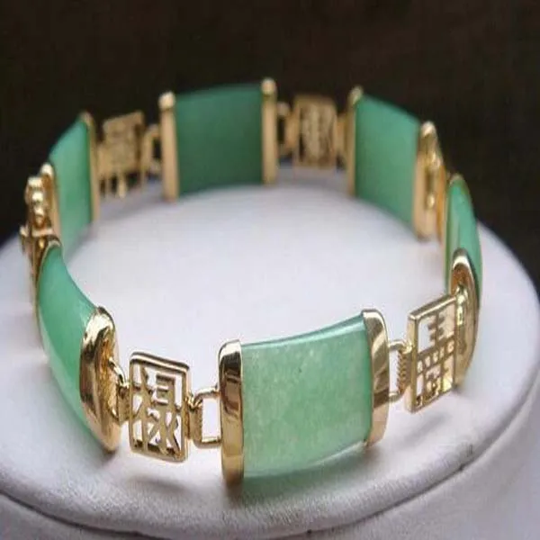Joli bracelet à maillons porte-bonheur plaqué or avec pierres précieuses de jade vert naturel 19,1 cm