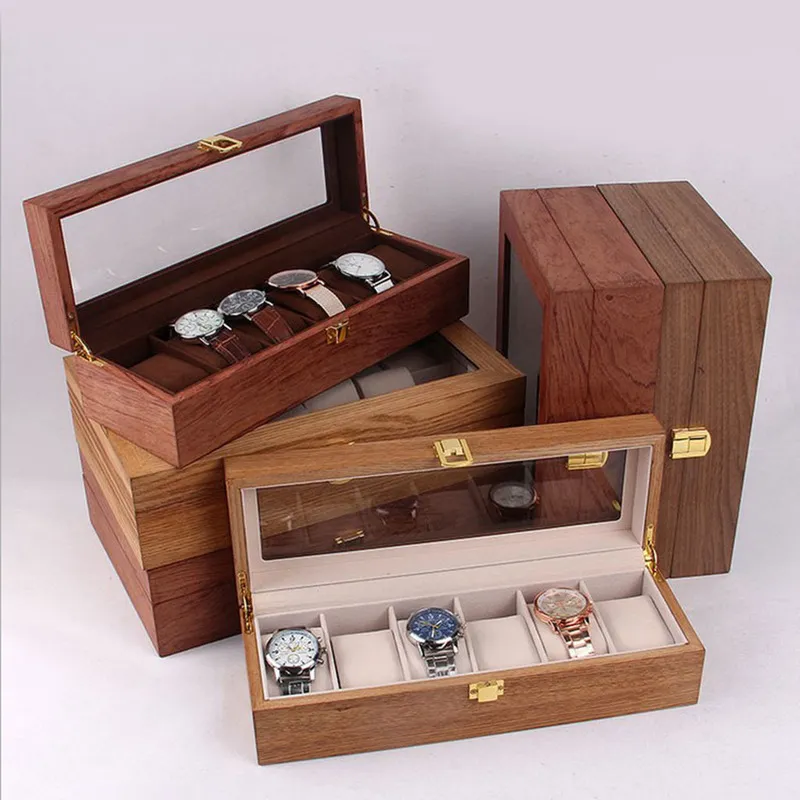 Wooden Watch Box Case Organizer Display for Men Women, 6 Slots Wood Box with Clear Glass Top, Vintage Style