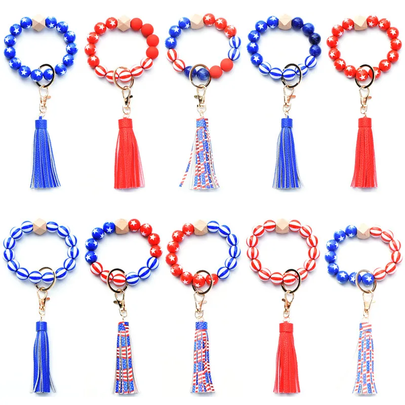 American Flag Creative Bead Bracelet Keychain Patriotic Day 4th of July Party Wristband Key Ring