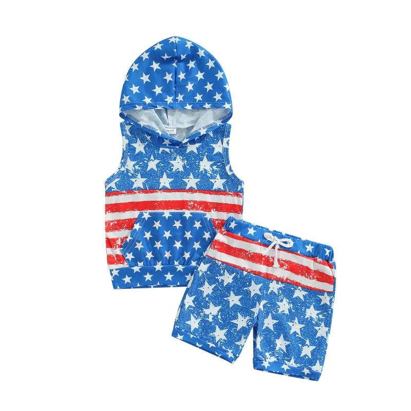 Clothing Sets 0-6Y Kids Boy Casual Clothes Independence Day Star Striped Print Pocket Front Sleeveless Hooded Top Vest Shorts Summer 2pcsClo