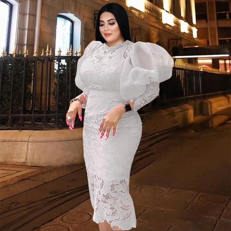 Plus Size Dresses Women Lace Lantern Sleeve Midi Bodycon Pencil Dress Lady Sexy Summer Birthday Party Elegant Gowns With SashesPlus