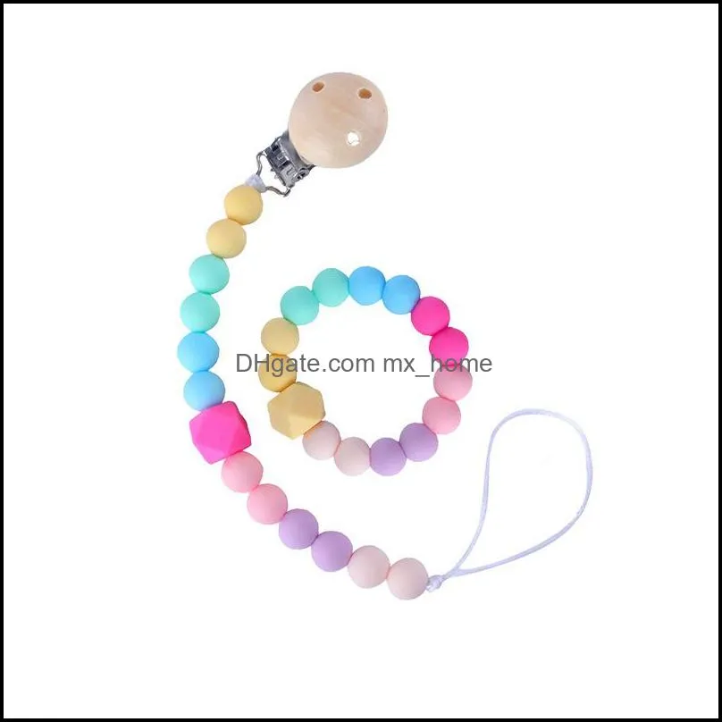 ins silicone teething beads baby pacifier chain clip 2pcs/set kids feeding infant cartoon wristband clips newborn pacifiers holders
