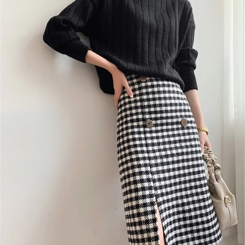Houndstooth Woolen Skirt Korean Style مزاج AllMatch Thinner OneStep Split Aline Skirt 210311