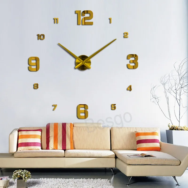 3D Digital Grande relógio de parede Diy espelho paredes de superfície adesivos relógio metal acrílico relógios Relógios para casa decoração BH7237 TYJ