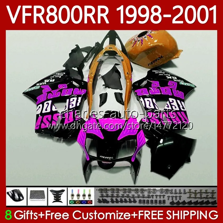 OEM Bodys für Honda VFR 800RR 800 CC RR Interceptor 1998-2001 128No.153 Schwarz Rosa VFR-800 VFR800 RR VFR800RR 98 99 00 01 800cc VFR800R 1998 1999 2000 2001 Verkleidungsset