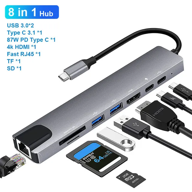 Hub USB C di design di lusso 8 in 1 adattatore HDMI Type C da 3.1 a 4K con lettore di schede SD/TF RJ45 Dock USB Thunderbolt 3 a ricarica rapida PD per MacBook Pro