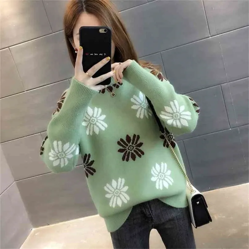 Low neck sweater women s knitted loose fitting outer wear wild bottoming pullover autumn and winter thickening 210427