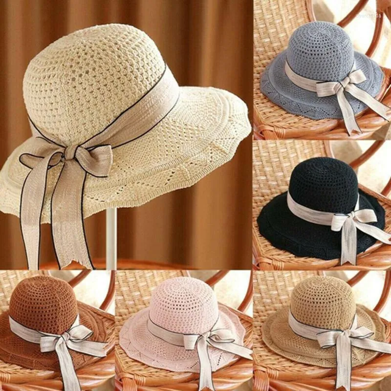 Wide Brim Hats Women Bucket Hat Sunscreen Bow Knot Knitted Hollow Out Ribbon Ladies Foldable Outdoor Beach Summer Retro CapWide Chur22