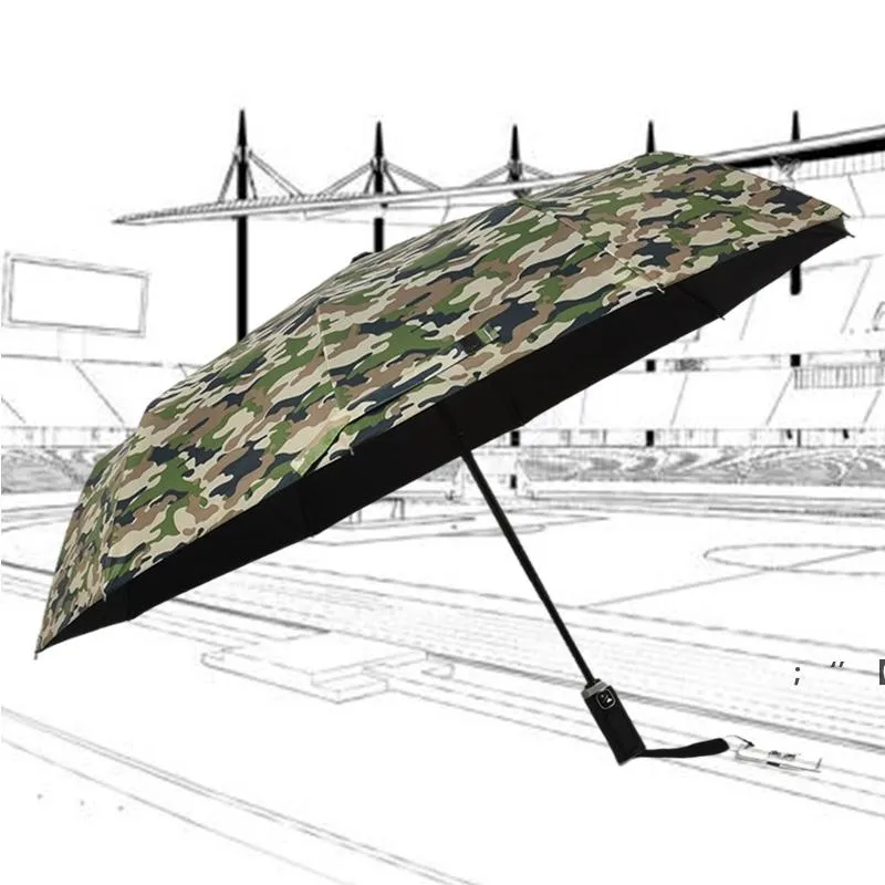 Camouflage automatique pliant pluie parapluie anti UV sac à dos parasols portable voiture forte coupe-vent parasol 10 nervures manteau noir RRA13277