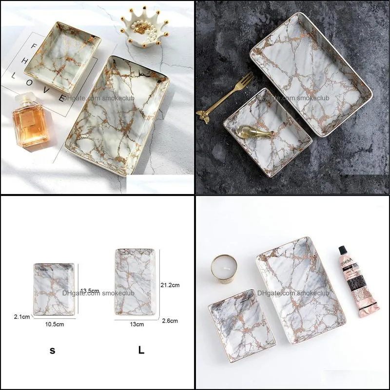 Kitchen Storage & Organization European Marble Trays Ceramic Jewelry Tray Dinner Gold Inlay Porcelain Dessert Plate Steak Fruit Snack