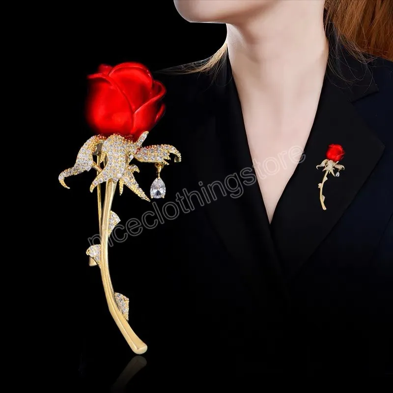 Enamel Crystal Red Rose Flower Brooch For Women Elegant Tulip