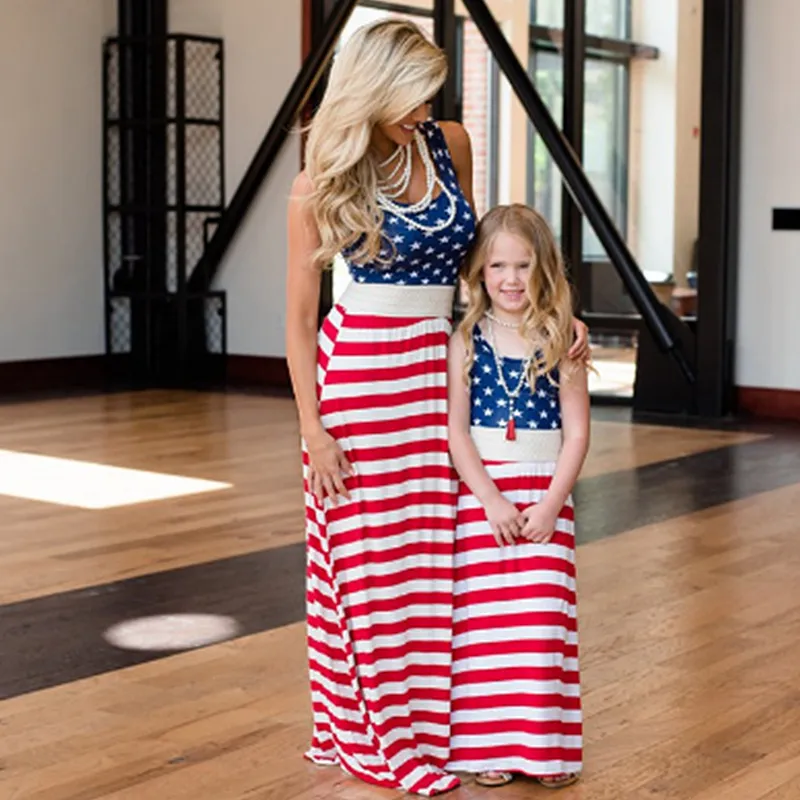 Vestidos de estampa de vestido entre pais e filhos da independência, vestido de bandeira dos EUA, vestido de bandeira dos EUA