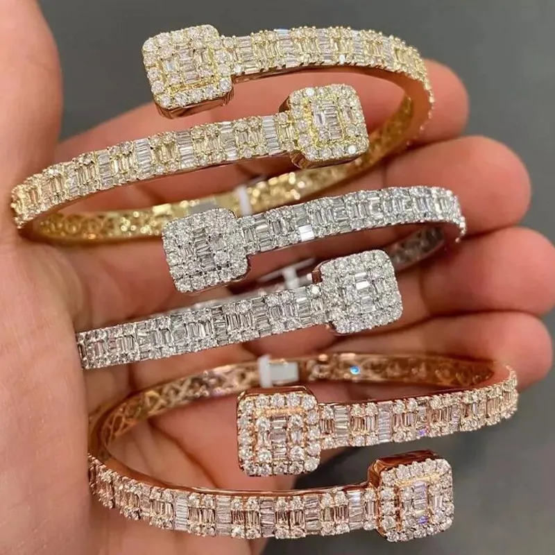 Delicada Baguette CZ Forma de Coração Ajustável Cuff Bangle pulseira Iced Out Bling 5A Cubic Zirconia Luxo MULHERES Hiphop Jewelry360362746