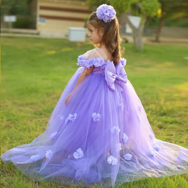 Girl's Dresses Purple Flower Girl 2022 3D Big Bow Ball Gowns O-Neck Tulle Off-The-Shoulder Cute Puffy Girls Birthday Party DressGirl's