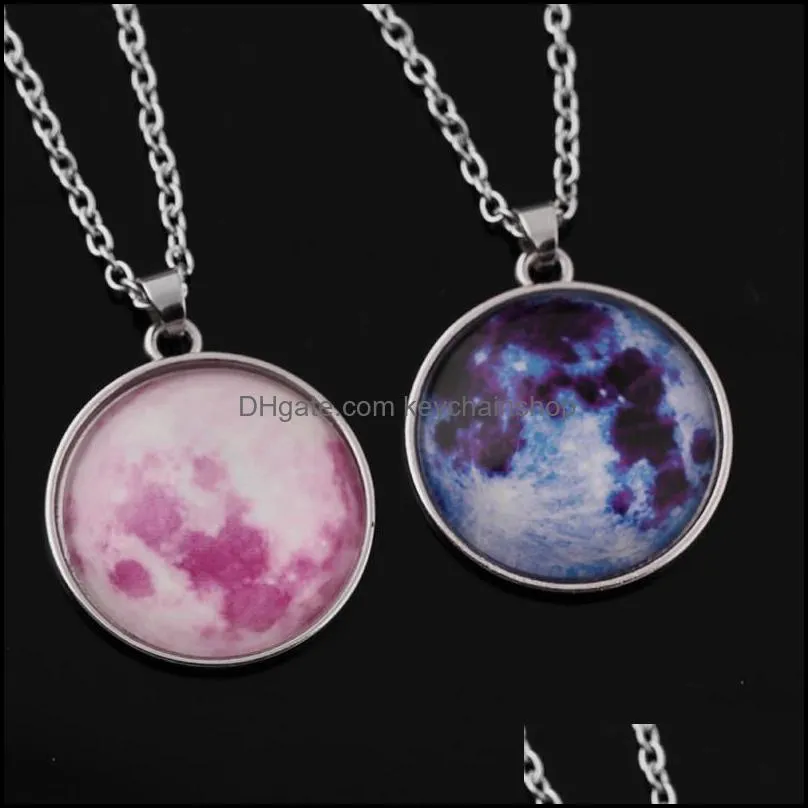 Galaxy Nebula Moon Luminous Pendant Necklaces 8 Colors Fashion Glass Cabochon Silver Chain Necklace Glow In The Dark Jewelry