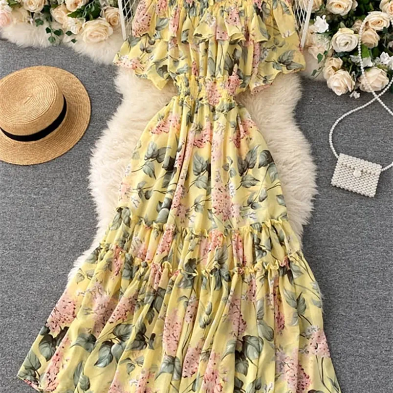 Bohemian Floral Chiffon Midi Dress Women Sexig Slash Neck Ruffle Short Sleeve A-Line Printed Vacation Beach Vestidos Robe 220514