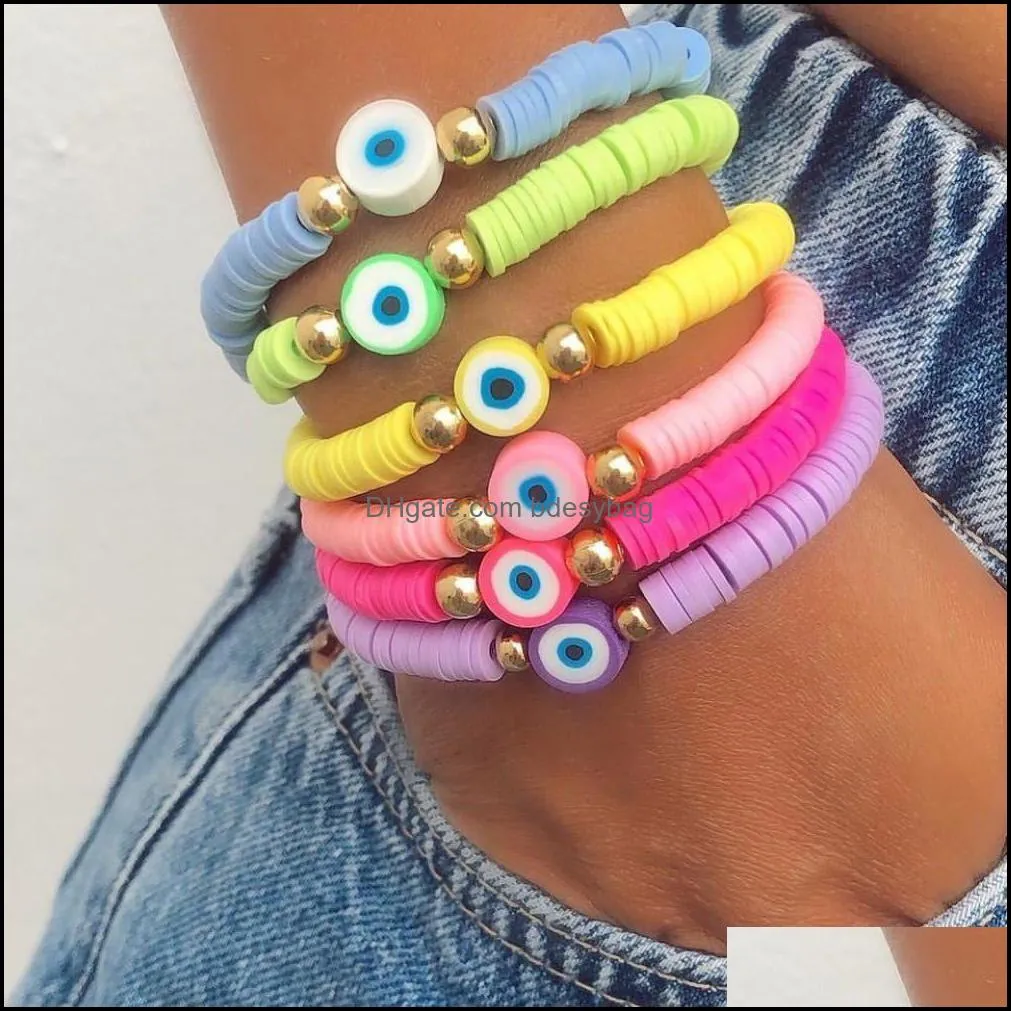 multicolor evil eye bracelet set summer beach jewelry soft polymer clay disc elastic bracelets for women