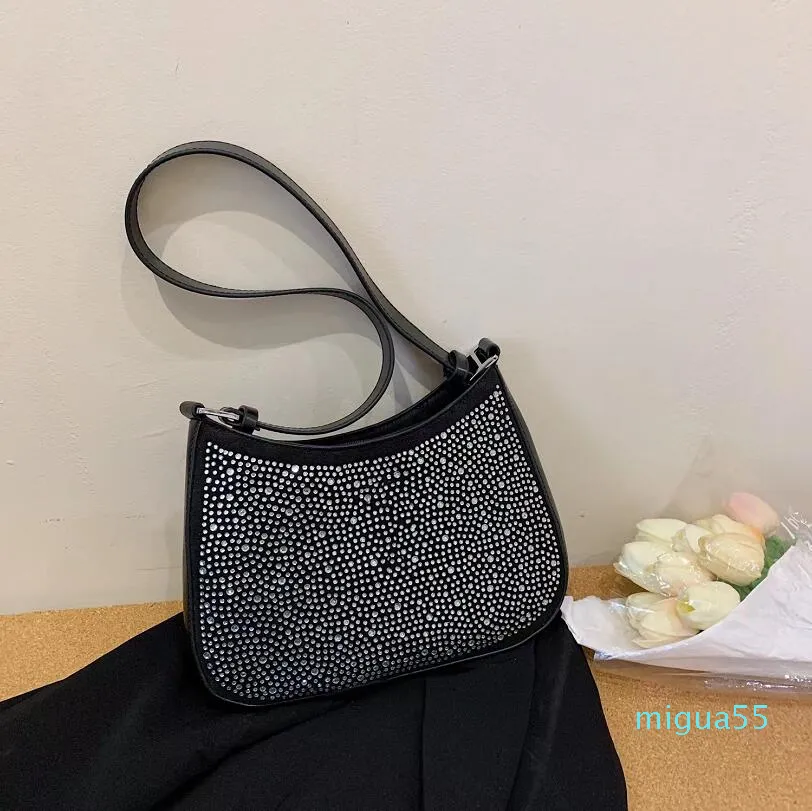 Luxury Half Moon Canvas Underarm Bag Hobo for Women Shoulder Bags Ladies Crossbody Rhinestone Pattern Letters Tote Womens Handbag