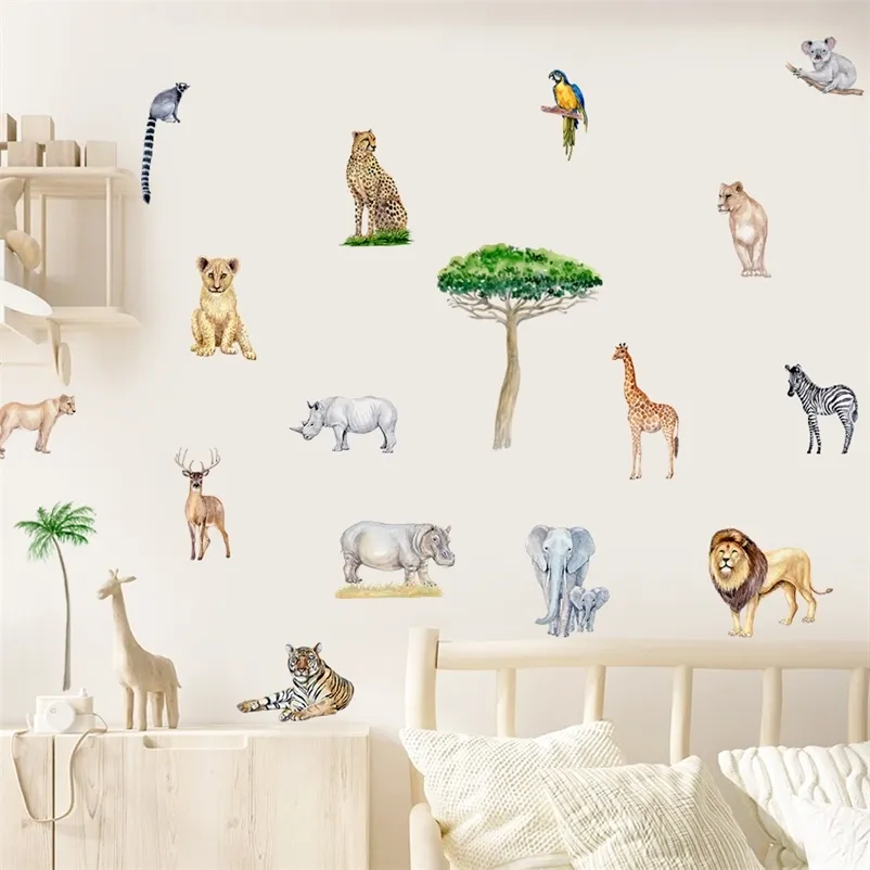 Africa Wild Animal Lion Tiger Tree Wall Sticker Vinyl Borttagbar väggdekalskolor Kids Boys Room Playroom Interior Home Decor 220613