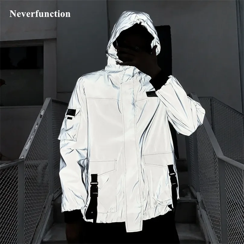 Men Night reflective gray Hooded Windbreaker Jacket male Streetwear Multi-pocket Ribbon Loose Casual Jackets Coats 201127