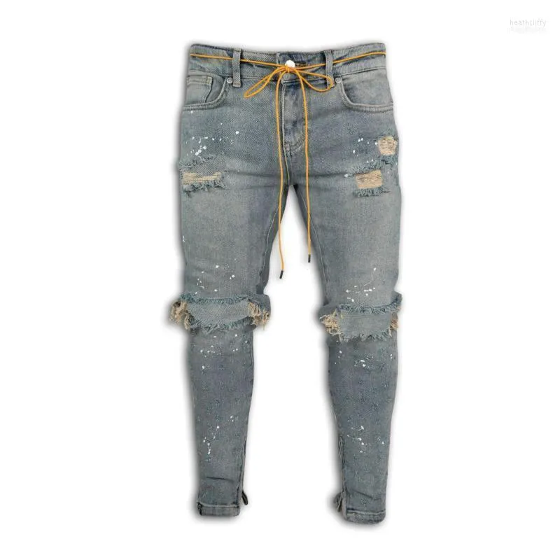 Mäns jeans mode fotleds blixtlås Skinny stretch förstörd rippad färgpunkt design1 värme22