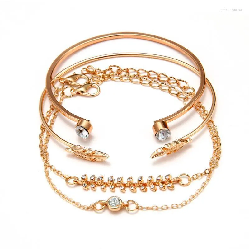 4st/set Bohemian Dainty Gold Color Crystal Metal Armband For Women Leaf Geometry Form Female Charm Wristband Jewelry Gifts Link Chain