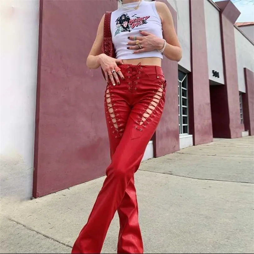 Шикарная повязка повязкой сексуальные летние красные кожаные брюки клуба стройные брюки Faux pu y2k High Pants Streetwear Женщины 210709