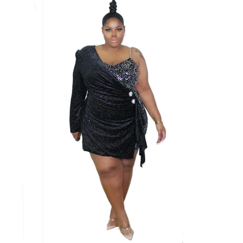 Plus Size Dresses 5XL Party For Women One Shoulder Diamonds High Waist Elegant Lady Sexy Black Mini Dress Wholesale Drop