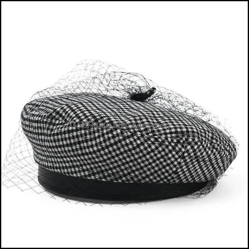 berets fashion net yarn pu model design check stripe beret cap women casual painter hat octagonal boinas para mujer peaky blinder