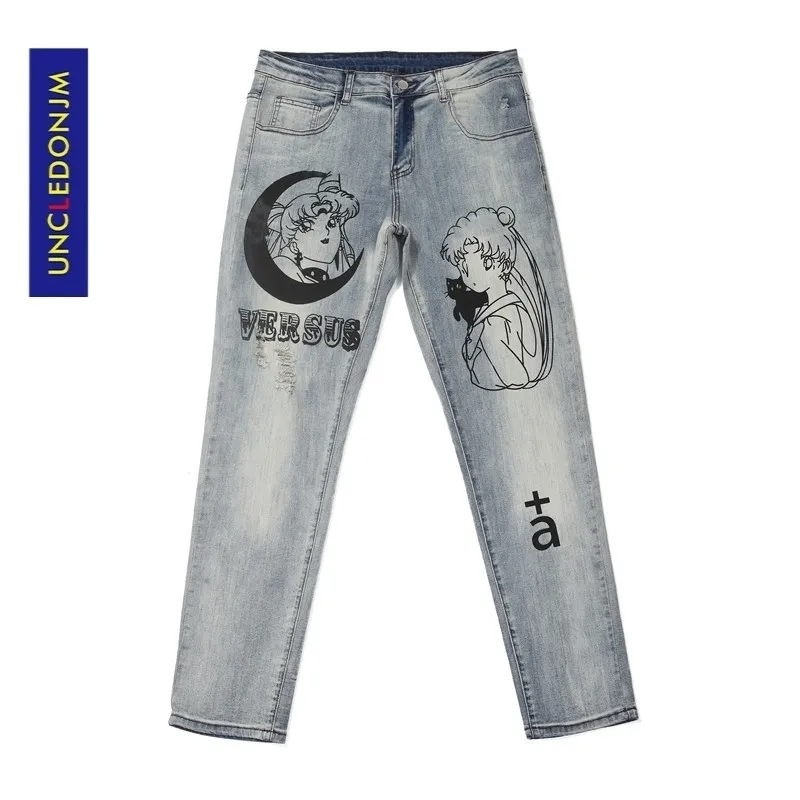 Uncledonjm Cartoon wydrukowane męskie Slim Slim Pants męskie rozryte dla mężczyzn zniszczone dżinsy RMB20S169 201111