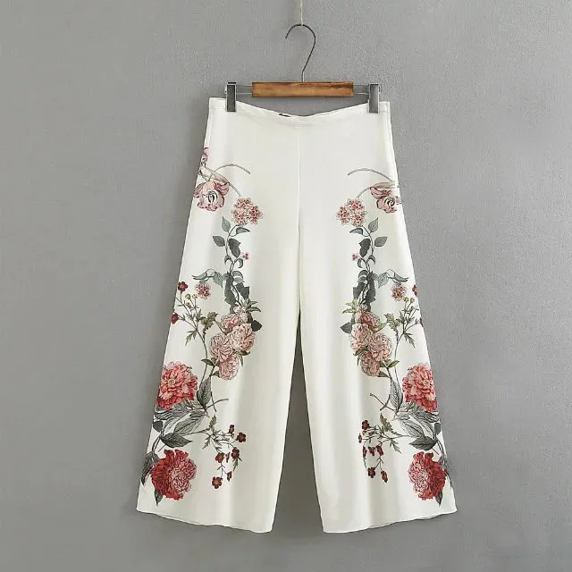 Nouvelle mode pour femmes pantalons capris lâches fleurs imprimées blanc couleur haute taille large jambe neuvième pantalon plus taille sml