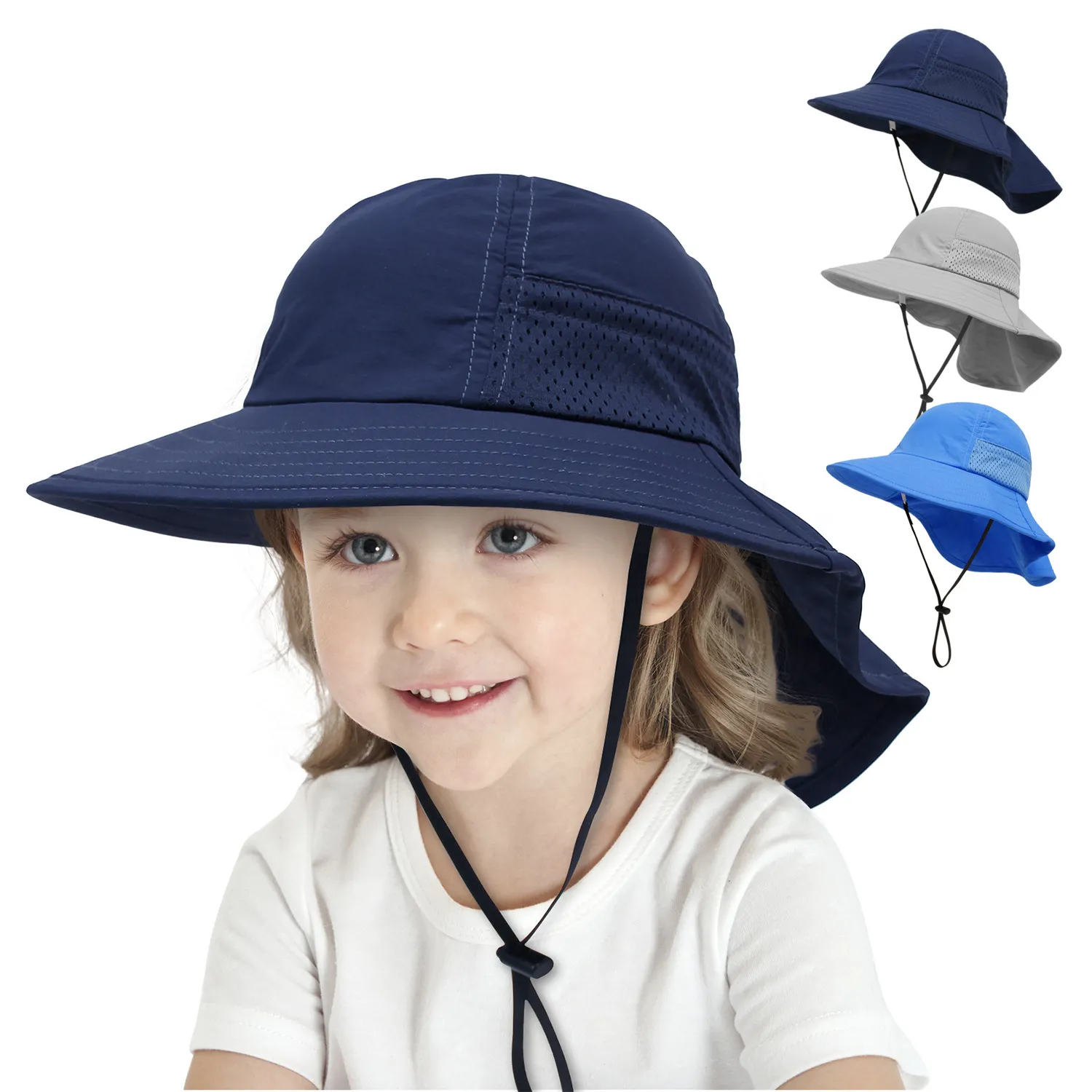 Bébé seau chapeau en plein air plage enfants protection solaire casquettes couleur Pure léger respirant maille enfants chapeaux avec Cape