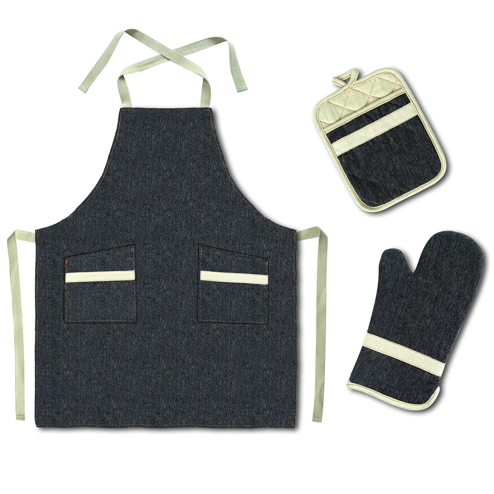 Шамбрая стильный фартук с теплостойкой печи с рукавицами и держателями кармана для женщин / мужчин мягкие для кухни кухни для выпечки барбекю