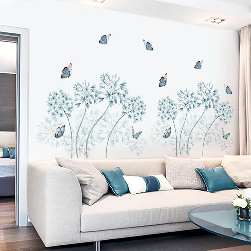 Moda uçan kelebek mavi karahindiba duvar çıkartmaları çiçekler duvar kağıdı büyük vinil 3D duvar çıkartma sanat çıkartma oturma odası dekor