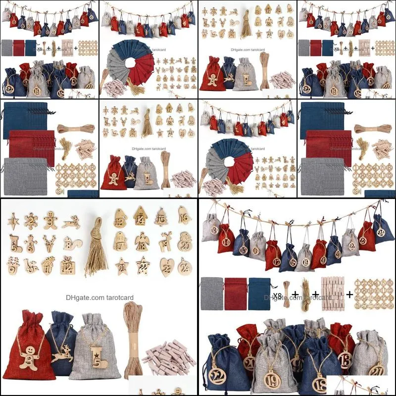 Party Decoration Creative 1-24 Number Wooden Sign Linen Bag Christmas Gift Tag Combination Set Tree Blessing Ornaments